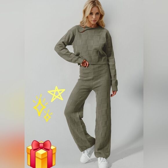 Double Take Full Size Checkered Round Neck Top Pants Beige Women's Knit Set sz L - Picture 2 of 5